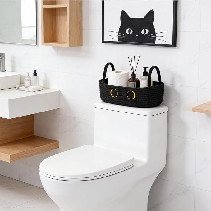 Toilet Black Cat Paper Basket–Cute Cat Oval Woven Bathroom Organizer Toilet Tank Decorative Storage Basket, Shelf Rope Cotton Cat Bin with Handles, Wedding Towel Holder, 13" D x 7.48" H in