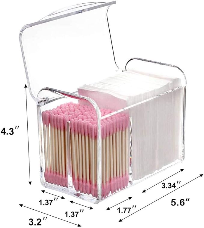 Square Acrylic Cotton Ball Pads Gauze Swab Holder Organizer Q-tip Dispenser Storage Canister Bathroom Container Flossers Box Case (5.6x3.2x4.3 in, 1 Tier, 3 Partitions, Transparent)