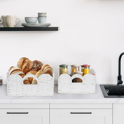 Graciadeco Scalloped Wicker Basket Natural Paper Rope Storage Baskets with Handles Handwoven Organizer Bin Wicker Storage Baskets for Home Decor, Organizing, 2 Pack (White)