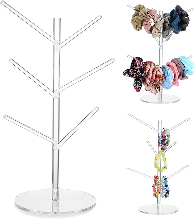 Acrylic Scrunchie Organizer Stand With Angled Branches - Hair Tie, Accessories, Jewelry, Bracelet, Earrings Storage Holder - Y2k Room Decor for Girls and Teens (Clear)