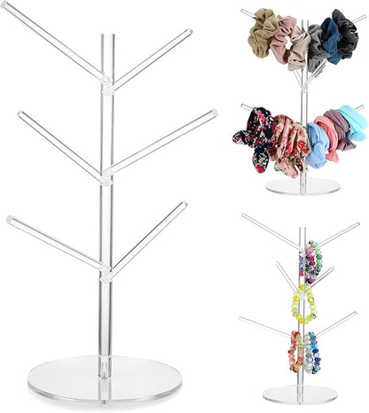 Acrylic Scrunchie Organizer Stand With Angled Branches - Hair Tie, Accessories, Jewelry, Bracelet, Earrings Storage Holder - Y2k Room Decor for Girls and Teens (Clear)