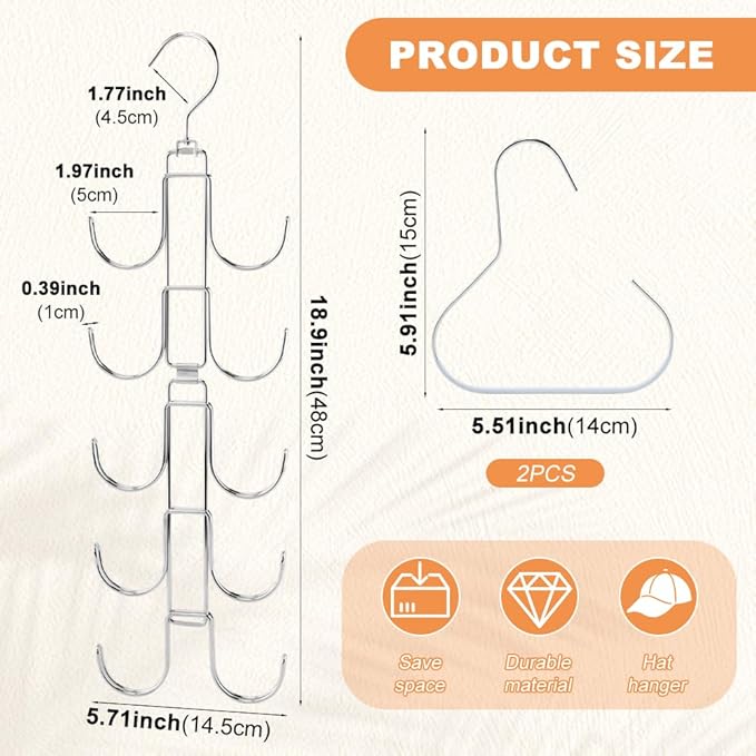 Hat Organizer for Closet, 10-Hook Hanging Hat Organizer with 2pcs Single Hook Hats Racks, Rotatable Space Saving Metal Hats Storage for Baseball Caps, Holds Up to 50 Baseball Caps