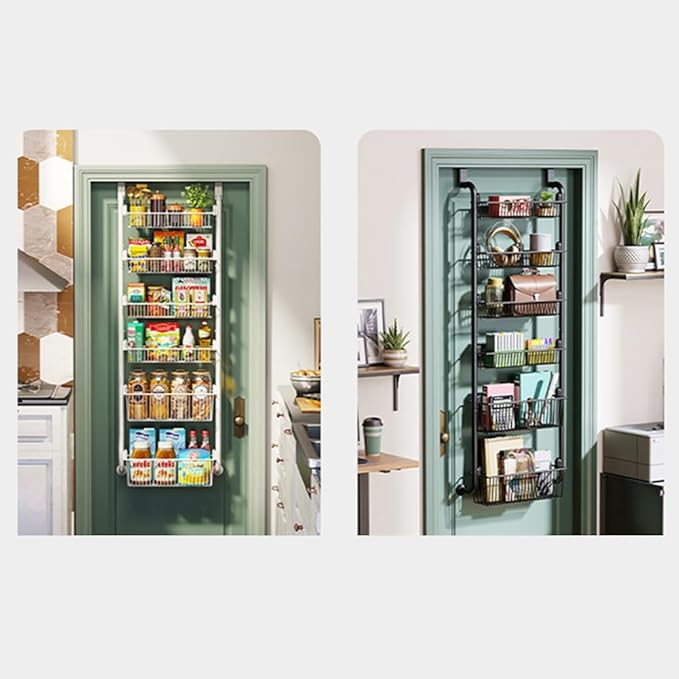 4 Layers Pantry over the Door Organizer with 2 suction cups, Metal over the Door Spice Rack with Adjustable Baskets, Behind Door Organizer Hanging- for Kitchen Laundry Bathroom (Black)