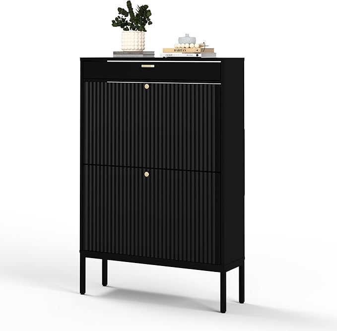 XIAO WEI Shoe Cabinet, Shoe Storage Organizer Cabinet with 2 Flip Wavy Line Drawers, Freestanding Shoe Rack with Adjustable Shelf for Entryway（Black）