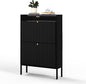 XIAO WEI Shoe Cabinet, Shoe Storage Organizer Cabinet with 2 Flip Wavy Line Drawers, Freestanding Shoe Rack with Adjustable Shelf for Entryway（Black）