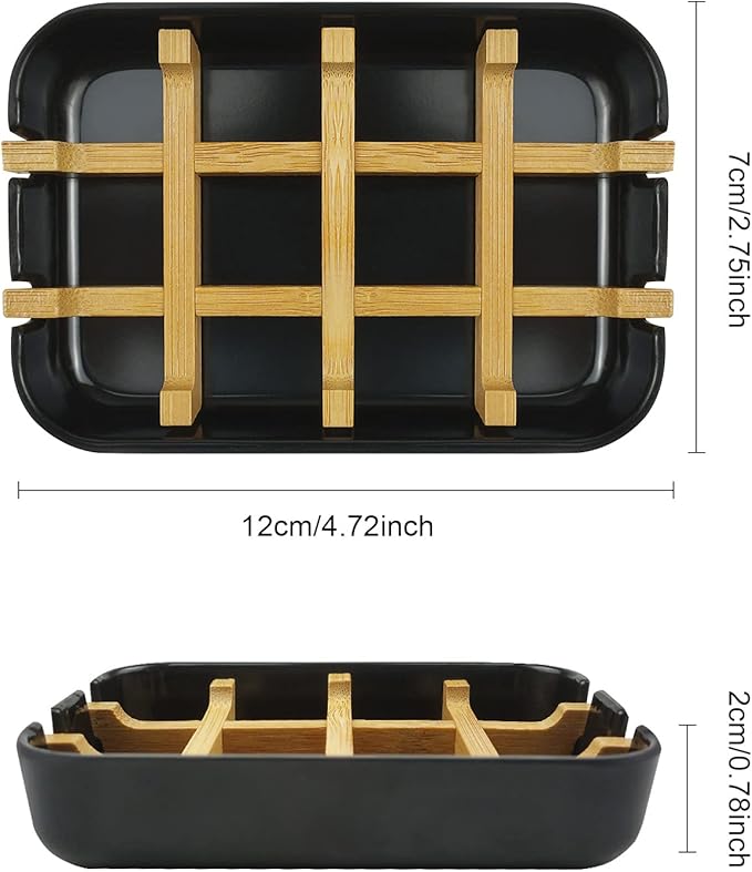 2 Pack Bamboo Soap Dish, Self-Draining Hand Soap Box, Wooden Bamboo Bar Soap Holder for Shower, Bathroom, Kitchen, Bathtub, Bar Sink (Black)