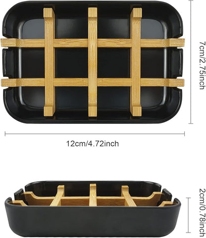 2 Pack Bamboo Soap Dish, Self-Draining Hand Soap Box, Wooden Bamboo Bar Soap Holder for Shower, Bathroom, Kitchen, Bathtub, Bar Sink (Black)