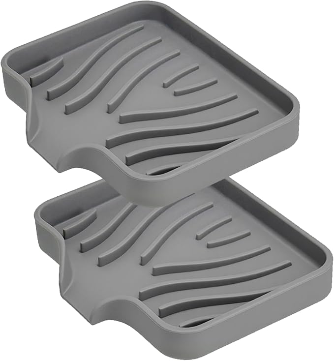 2 Pack Silicone Soap Dish with Drain, Self Draining Bar Soap Holder for Shower, Silicone Dish Soap Tray, Bathroom and Kitchen Sink Organizer, Grey