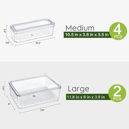 ZIJUND 6 Pack Fridge Organizer, Stackable Refrigerator Organizer Bins with Lids, BPA-Free Fridge Organizers and Storage Containers for Fruit, Vegetable, Food, Drinks, Cereals, Clear