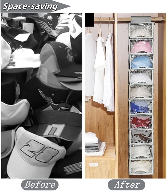 Hat Organizer, 10 Shelf Hanging Organizer for Baseball Caps, Collapsible Hat Rack Storage with Dust Cover, Space-Saving Hat Holder Display for Closet, Dorm, Bedroom, Apartment (Gray)