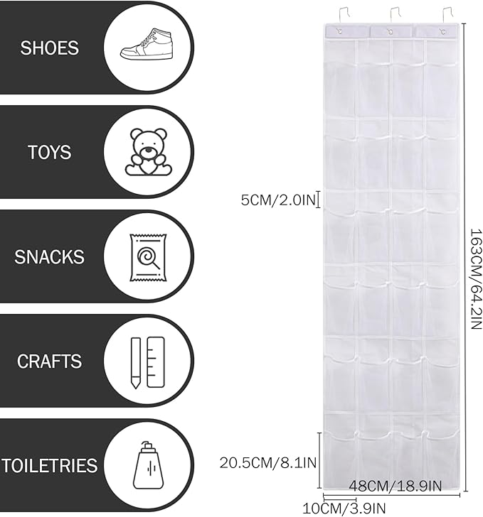 Over the Door Shoe Organizer Shoe Hanger for Door 24 Mesh Pocket Over the Organizer Space Saving Hanging Storage Holder with Hooks 64x19 Inch White