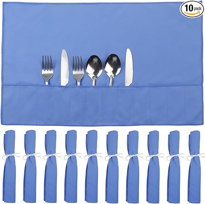 10 Pcs Silverware Organizer,Silver Storage Cloth Felt Flatware Organizer, Silver Protector Bags, Place Setting Roll with Stylish White Ribbon for All Kitchen Cutlery Utensil