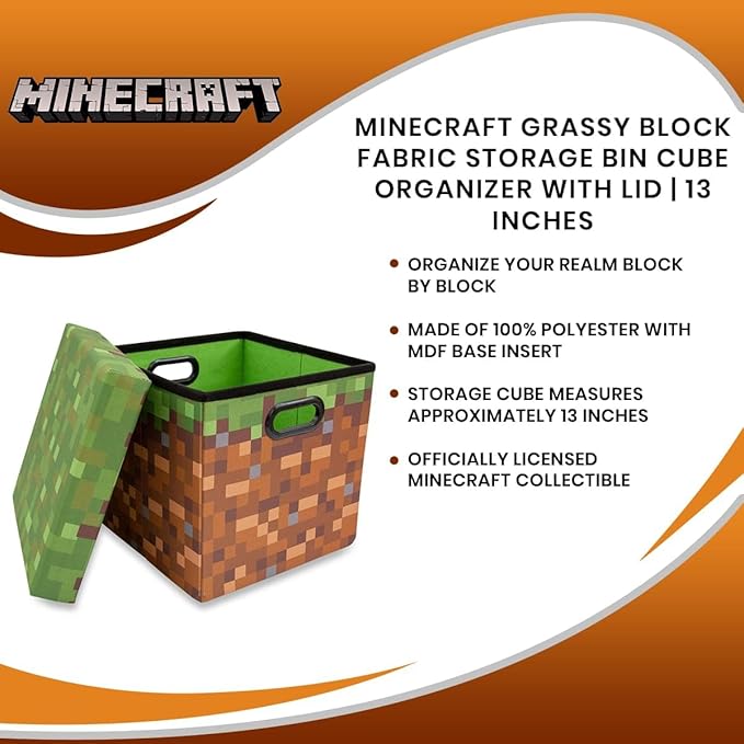 Minecraft Grassy Block 13-Inch Storage Bin Chest with Lid | Foldable Fabric Basket Container, Cube Organizer with Handles, Cubby for Shelves, Closet | Home Decor Essentials, Video Game Gifts