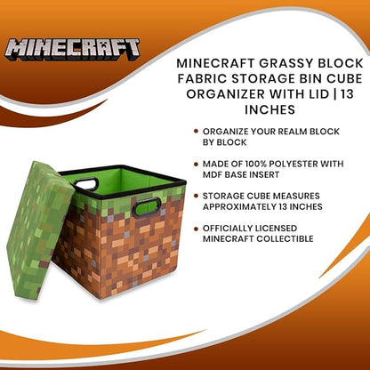 Minecraft Grassy Block 13-Inch Storage Bin Chest with Lid | Foldable Fabric Basket Container, Cube Organizer with Handles, Cubby for Shelves, Closet | Home Decor Essentials, Video Game Gifts