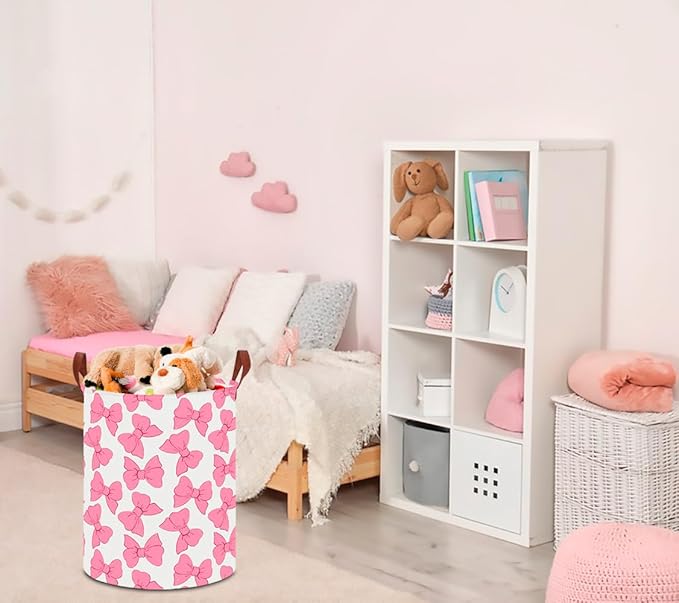 CLOCOR Large Laundry Basket,Waterproof Nursery Hamper,Collapsible Fabric Storage Container,Toys Bin,Room Decor,Gift Basket（Pink Bowknot