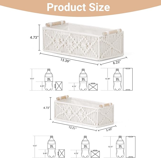 Nonam Macrame Storage Baskets, Boho Decor Style Woven Storage Boxes for Home Organization, Toilet Tank Shelf Cabinet Organizer Baskets,Set of 2- Warm White-X