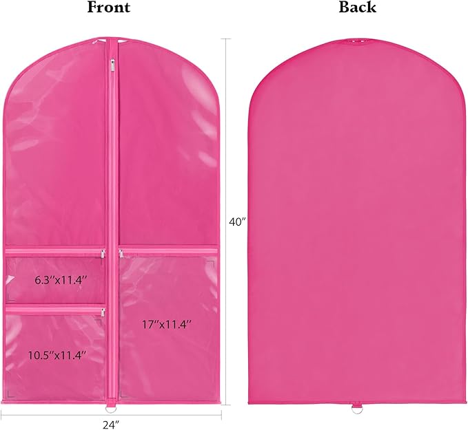 Univivi Dance Costume Bags Garment Bag 40 Inch Hanging Clothes for Dance Competitions, with 3 Medium Clear Zipper Pockets for Dance Costumes, Closet Storage (Rose Red) - 4 Pack