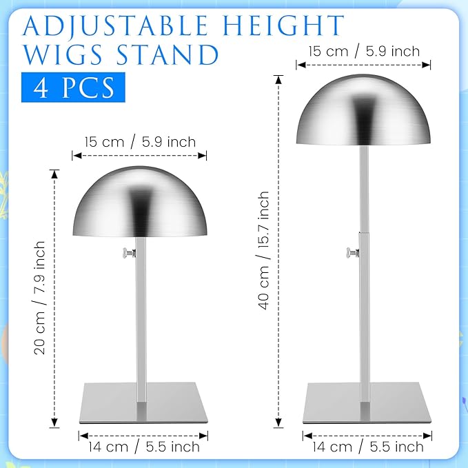 Sintuff 4 Pcs Hat Display Stand:adjustable 7.9-15.7inch Wigs Head Holder Stand Non Slip Stainless Steel Metal Rack for Multiple Hats Wig Storage Styling Practice(Silver,Square Base)