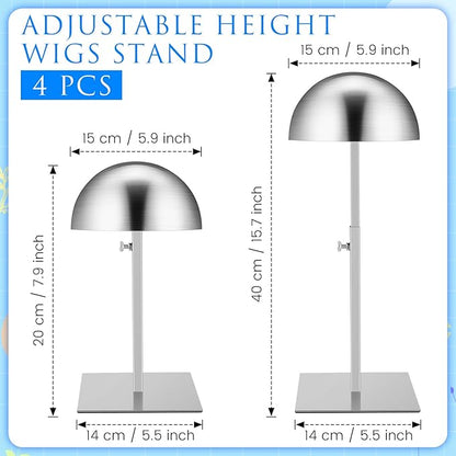 Sintuff 4 Pcs Hat Display Stand:adjustable 7.9-15.7inch Wigs Head Holder Stand Non Slip Stainless Steel Metal Rack for Multiple Hats Wig Storage Styling Practice(Silver,Square Base)