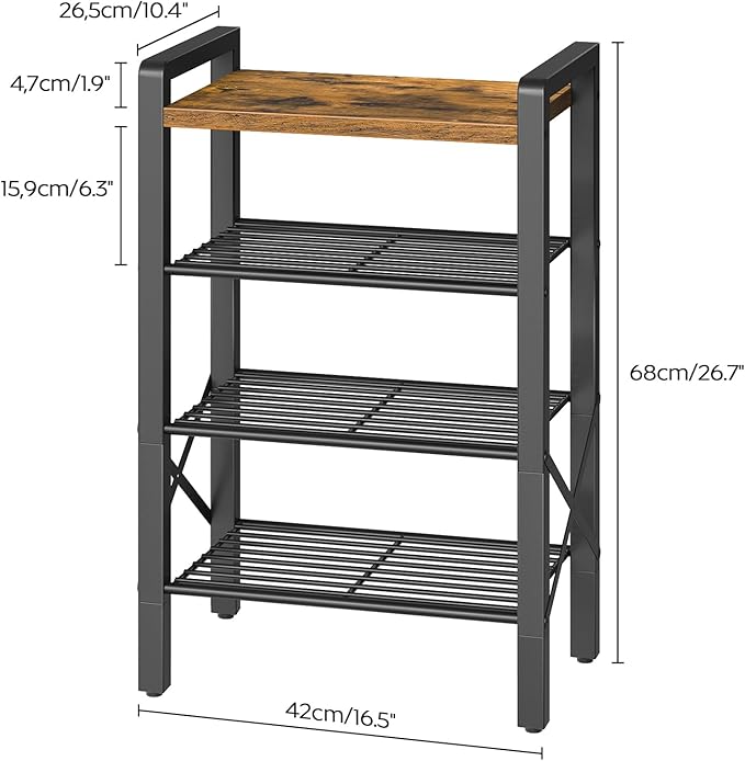 YATINEY 4-Tier Narrow Shoe Rack, Tall Shoe Rack for 4-8 Pairs, Slim Shoe Storage Organizer with Wooden Top, Space Saving, Metal Frame, for Entryway, Rustic Brown and Black SS64BR