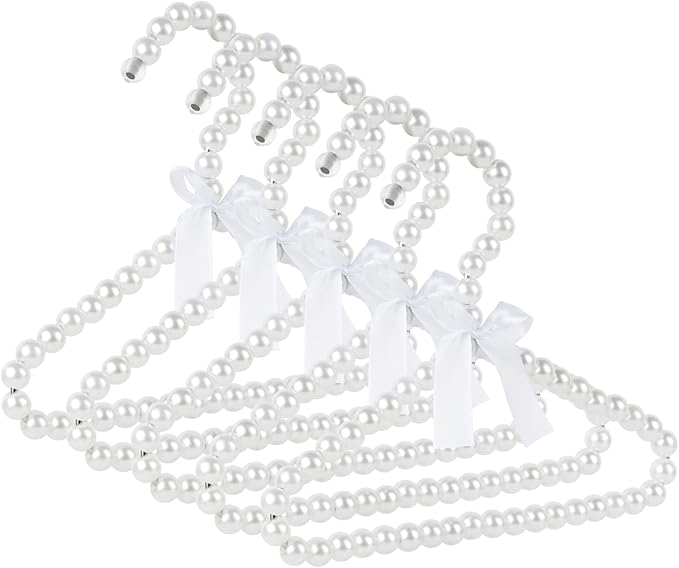 Adorila 5 Pack Pearl Hanger Kids, Small Pearl Beads Bow Clothes Hangers, Elegant Standard Hangers for Children Pet Dog (White)