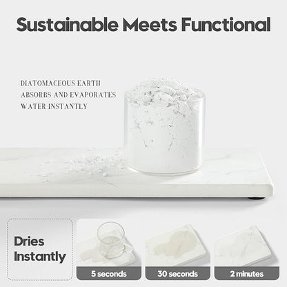 2PCS Water Absorbing Stone Drying Tray for Kitchen Counter & Bathroom Sink, Diatomite Faucet Splash Guard, Soap Dispenser Rack & Sponge Holder Caddy Organizer, Marble White (Printed Pattern), 9"x 3.5"