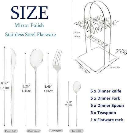 24-Piece Mirror Silver Cutlery Set, Snplowum Stainless Steel Flatware Hanging Tableware Silverware Set Include Knife/Fork/Spoon/Teaspoon and Storage Rack For Daily Use, Service For 6