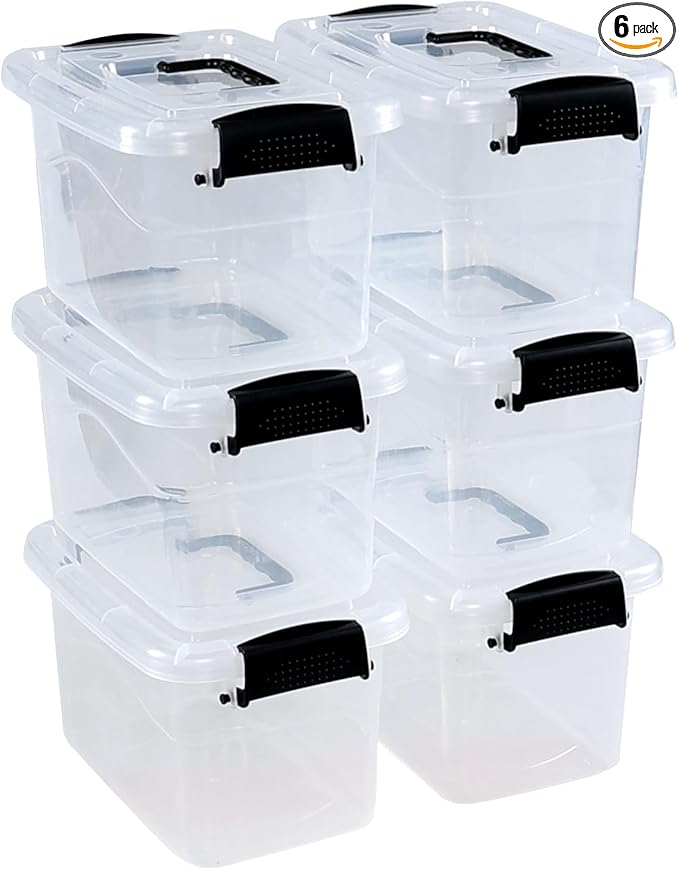 6 Quart Plastic Storage Box with Handle, Clear Latching Bin with Lids, 6 Packs