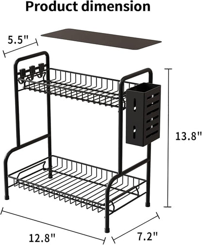 Bathroom Countertop Organizer With Toiletries Basket, 2 Tier Bathroom Counter Storage Rack with Adjustable Feetpad, No-Screw Caddy Stand for Vanity, Sturdy Metal Wire Black, Medium 12.8''L x 7.2''W