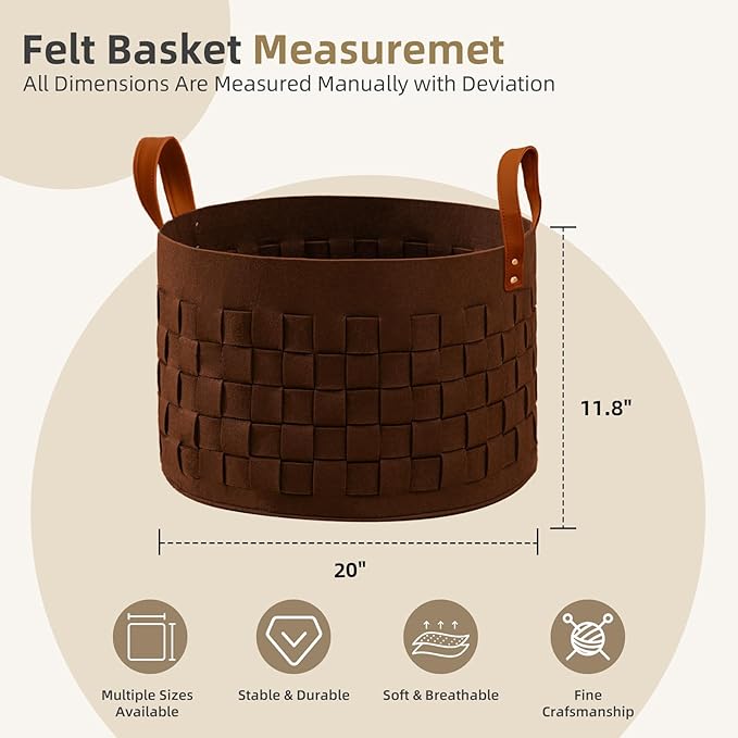 BOLDMONKEY Laundry Basket 20" x20 " x11.8 ", Large Felt Fabric Blanket Basket with Leather Handle, Dirt Clothes Laundry Hamper Round for Babies, Dogs and Living Room-Brown