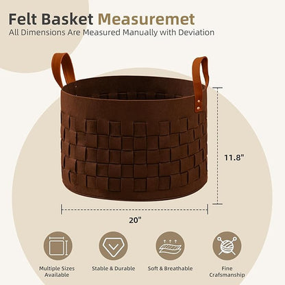 BOLDMONKEY Laundry Basket 20" x20 " x11.8 ", Large Felt Fabric Blanket Basket with Leather Handle, Dirt Clothes Laundry Hamper Round for Babies, Dogs and Living Room-Brown
