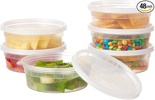 Jaluxing 8 oz. Plastic Deli Containers With Lids, 48 Sets - Leakproof, Stackable, BPA Free, Microwavable, Freezer Safe (Formerly FULING)