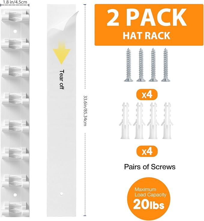 2 Pack Hat Organizer for Baseball Caps, Hat Rack for Wall Hold Up to 16 Hats, Hat Holder with Strong Adhesive and Screws, Hat Organizer Wall Mounted Hat Hanger Display for Door Closet Bedroom(A-White)