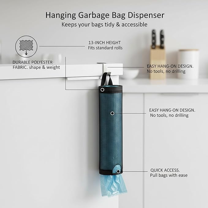 Hanging Garbage Bag Dispenser, Polyester Cabinet Door Organizer for Standard Rolls, 13-Inch Height (1 PC)