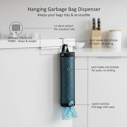 Hanging Garbage Bag Dispenser, Polyester Cabinet Door Organizer for Standard Rolls, 13-Inch Height (1 PC)