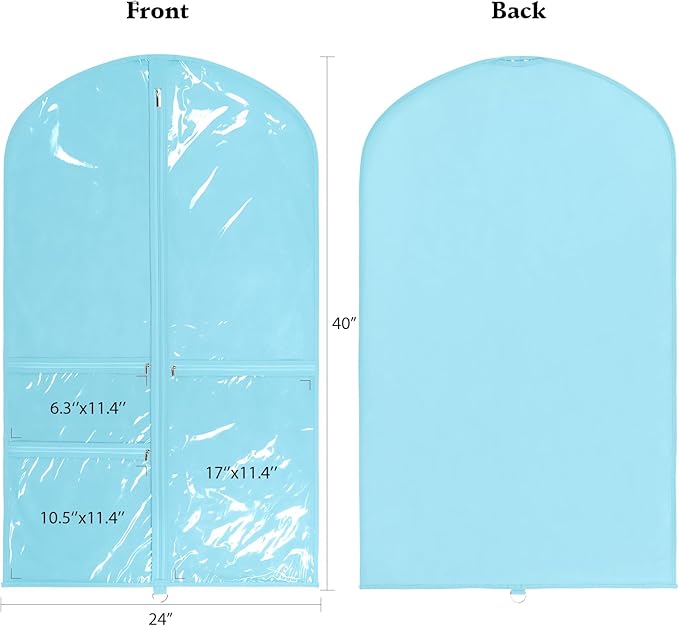 Univivi 40 Inch Girls Garment Bags for Dance Costumes, Dance Competition Garment Bag with 3 Medium Clear Zipper Pockets for Dance Essentials and Accessories, Dance Shoes (Blue) - 4 Pack, UN0752