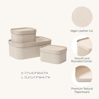 LA JOLIE MUSE Fluted Cardboard Storage Baskets with Leather-Like Lids, Sturdy Stackable Paper Boxes Decorative Tray, Light Grey, Set of 3