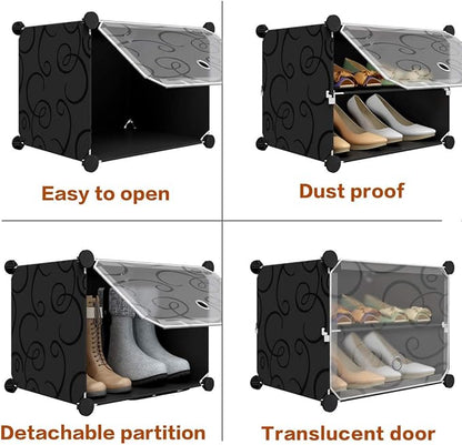 KOUSI Portable Shoe Rack Organizer 24 Pair Tower Shelf Storage Cabinet Stand Expandable for Heels, Boots, Slippers 6 Tier Black,Clear,32 inches x12 inches x36 inches