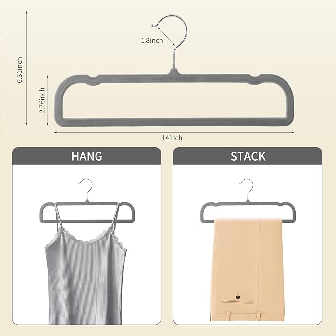 14 Inch 30 Pack Velvet Pants Hangers Non Slip,Slim Felt Jean Hangers with 10 Hooks and 2 Clips,Strong Durable Thin Space Saving Clothes Hanger with 360°Swivel Hook for Shorts,Skirts Bra(Grey)