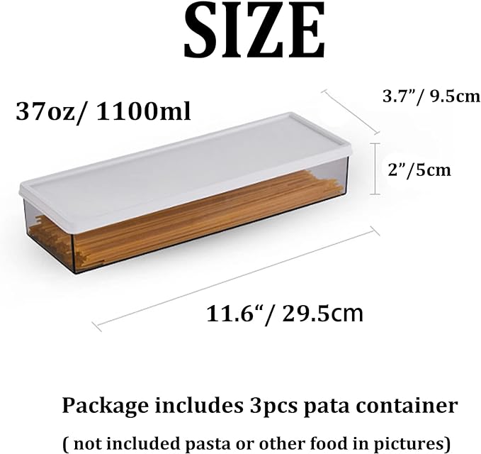 Hanobe Pasta Containers for Pantry Large Spaghetti & Noodle & Lasagna Canister 4 Pcs Clear Grey Rectangular Canister with Lock Lids Durable Plastic Food Keeper for Fridge Kitchen Cabinet