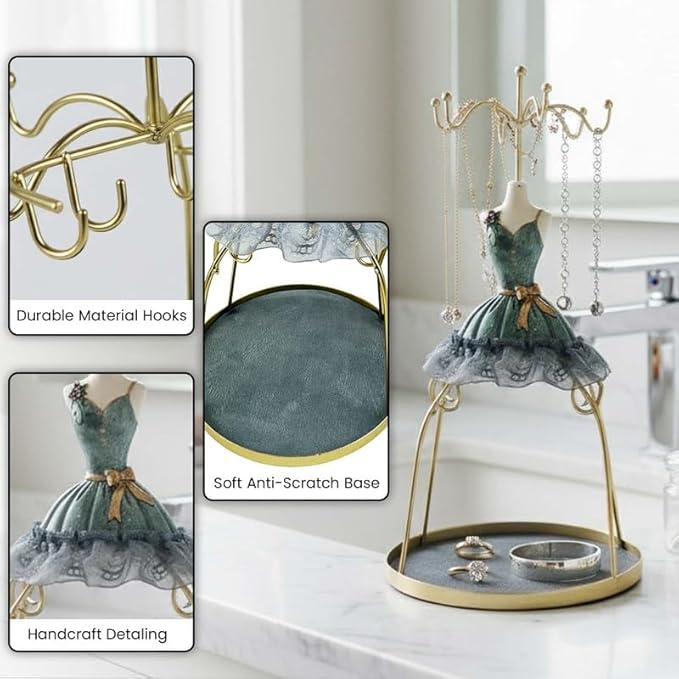Go Hooked Doll Dress Jewelry Holder Stand | Jewelry Organizer Stand with Hooks for Necklaces, Earrings, Bracelets & Rings | Decorative Jewelry Storage Display for Dressing Table Bedroom Gifting (Grey)