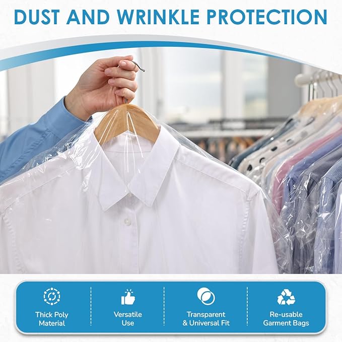 Clear Garment Bags, 0.6 Mil Plastic (21"x7"x72"), 260 Bags/Roll, Transparent Dress Covers for Storage, Travel and Dry Cleaning