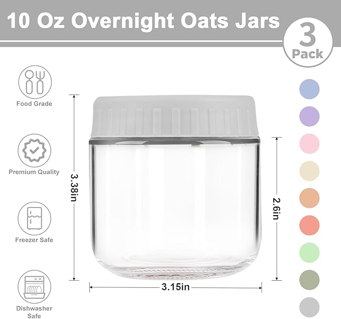 Overnight Oats Containers with Lids, 10oz Wide Mouth Mason Jars with Lids, 3 Pack Glass Jars with Airtight lid for Chia Pudding Yogurt Salad, Meal Prer Oatmeal Jars, Gray