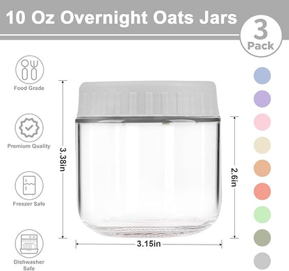 Overnight Oats Containers with Lids, 10oz Wide Mouth Mason Jars with Lids, 3 Pack Glass Jars with Airtight lid for Chia Pudding Yogurt Salad, Meal Prer Oatmeal Jars, Gray