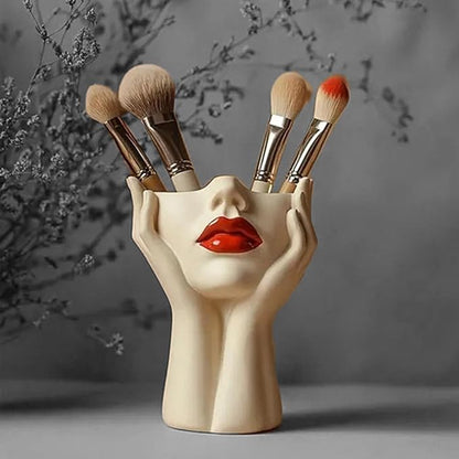 Women's Head Shape Boho Feminist Decoration, Minimalist Statue Storage Decor Face Makeup Brush Holder, Modern Statue Storage Makeup for Table Shelf Living Room Office (Beige 4.72 * 6.69 * 3.15in)