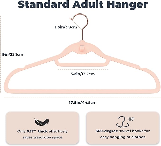 Pink Velvet Hangers 50 Pack, Felt Covered Non Slip Fabric with Stackable Cascading Hook, Ultra Thin and Space Saving with 360° Swivel Neck, 15Lbs Capacity for Clothes, Suit, Shirt, Coat