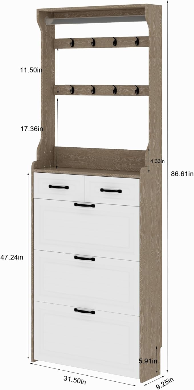 Vibe & Dine Shoe Cabinet, Entryway Shoe Storage Cabinet with 3 Flip Doors and 2 Drawers, 2-in-1 Wooden Shoe Rack Organizer with Coat Hooks for Hallway Cloakroom, Oak Color
