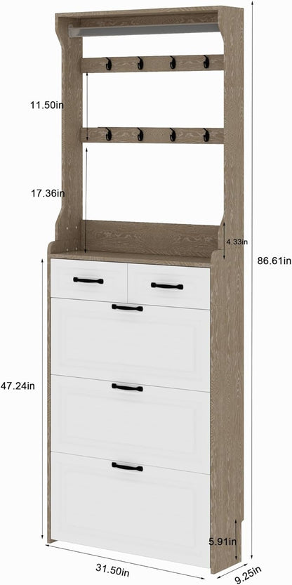 Vibe & Dine Shoe Cabinet, Entryway Shoe Storage Cabinet with 3 Flip Doors and 2 Drawers, 2-in-1 Wooden Shoe Rack Organizer with Coat Hooks for Hallway Cloakroom, Oak Color