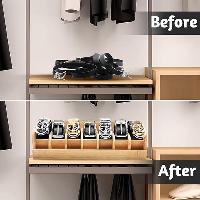 Wood Belt Organizer, 6 Grids Belt Rack, Belt Storage Holder for The Closet and Drawer, Belt Storage Organizer and Displayer, Belt holder Storage Organizer for Men Women