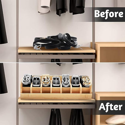 Wood Belt Organizer, 6 Grids Belt Rack, Belt Storage Holder for The Closet and Drawer, Belt Storage Organizer and Displayer, Belt holder Storage Organizer for Men Women